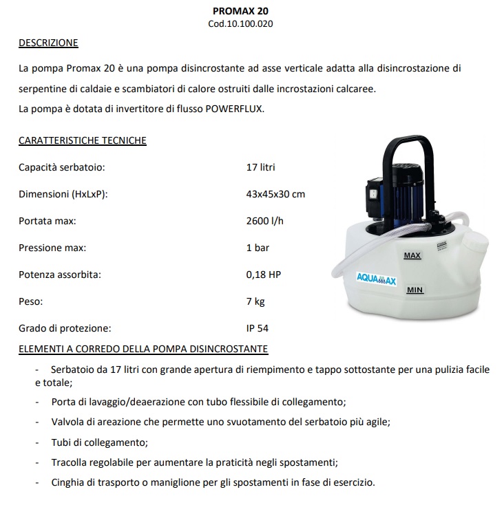 POMPA DISINCROSTANTE AQUAMAX PROMAX 20 CON INVERTITORE DI FLUSSO